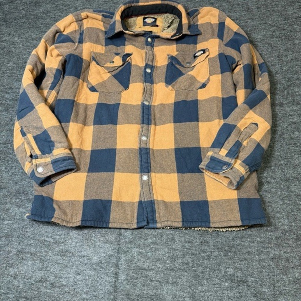 Dickies Mens Brown‎ Blue Plaid Sherpa Lined Flannel Shirt Jacket Large